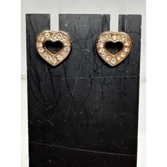 Gold Plated Rhinestone Heart Shaped Stud Earrings Womens Fashion Jewelry - Picture 2 of 4